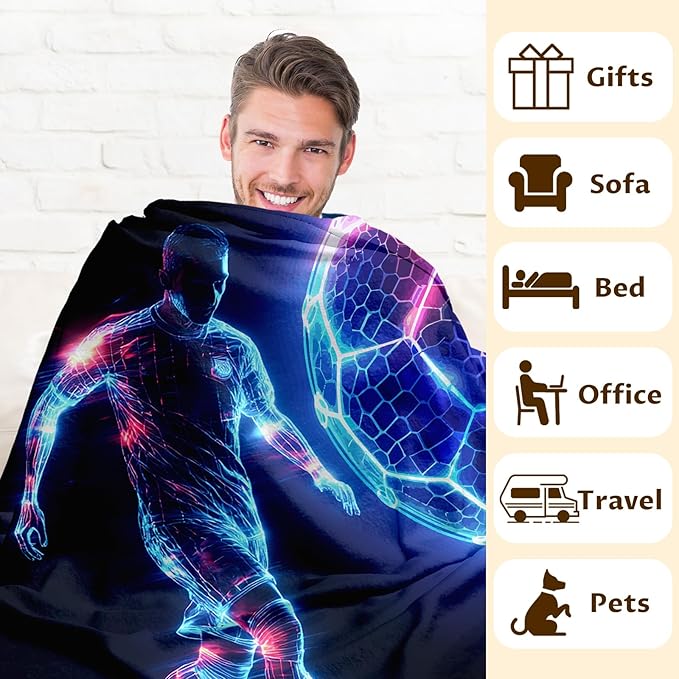 Soccer Blanket, Boy Gift, Kids Blankets for Teens, 60 x 50 Inches Soft Throws for Men, Gifts for Soccer Lovers, Warm Throw for Living Room, Bed, Sofa, Office, Club
