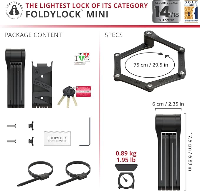 Seatylock FoldyLock Mini Folding Bike Lock - Patented Lightweight Bicycle Lock - Heavy Duty Anti Theft Guard with Key for Electric Scooter & City Bikes