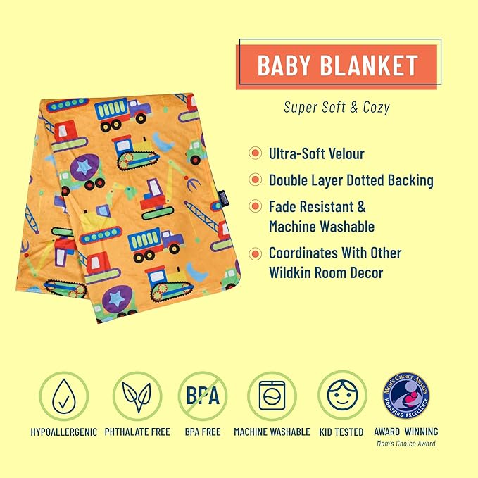 Wildkin Plush Baby Blanket – Soft & Cozy Comfort, Ideal for Toddlers, Travel & Daycare - Under Construction