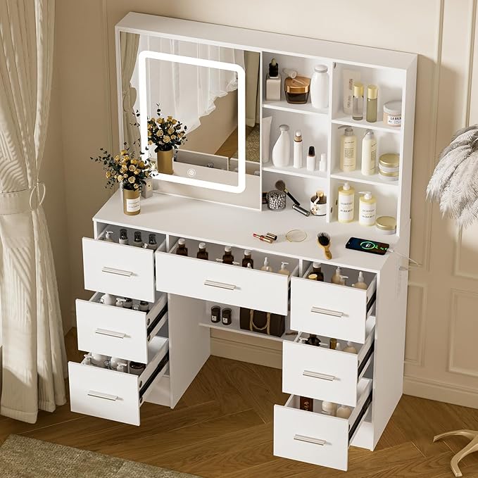 Vanity Desk with Sliding Mirror and Lights, 39.4''W White Vanity Desk with Lighted Mirror, Drawers, 3-Mode Lights, Adjustable Brightness, Makeup Vanity Dressing Table for Bedroom, Girls, Women Gifts
