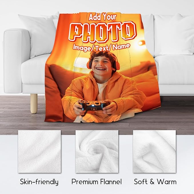 Customized Photo Gifts - Personalized Blanket with Picture Text - Custom Blanket Gifts with Your Design - Personalized Throws for Mom Dad Son Daughter - 40"x50" Soft Warm Flannel Throw