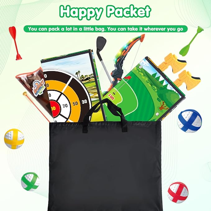 4 in 1 Golf Bow and Arrow Game Mat Set for Kids, Bow and Arrow for Kids with Target, Indoor Golf Games Chipping, Golf Club, 20 Sticky Balls, Toy Bow, 6 Felt Arrows,Outdoor Toys