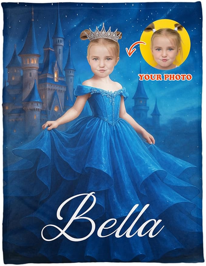 Personalized Princess Blanket, Custom Photo Baby Blanket with Name, Kids Fairy Tale Design, Soft Fleece Throw, for Baby Girl
