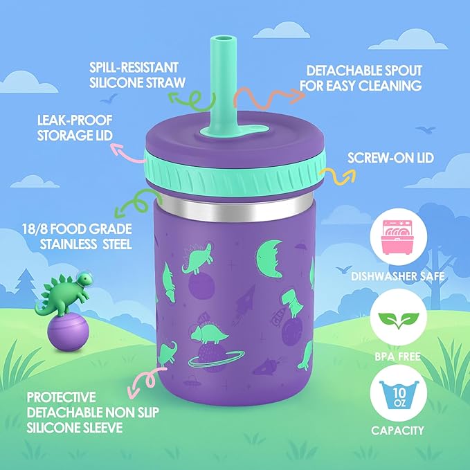 Sursip Stainless Steel Kids & Toddler Cups with Straws and Lids|15 oz Mason jars for Snacks & Smoothie|Spill-Proof Sippy Drinking Water Cups, BPA-Free, Dishwasher Safe