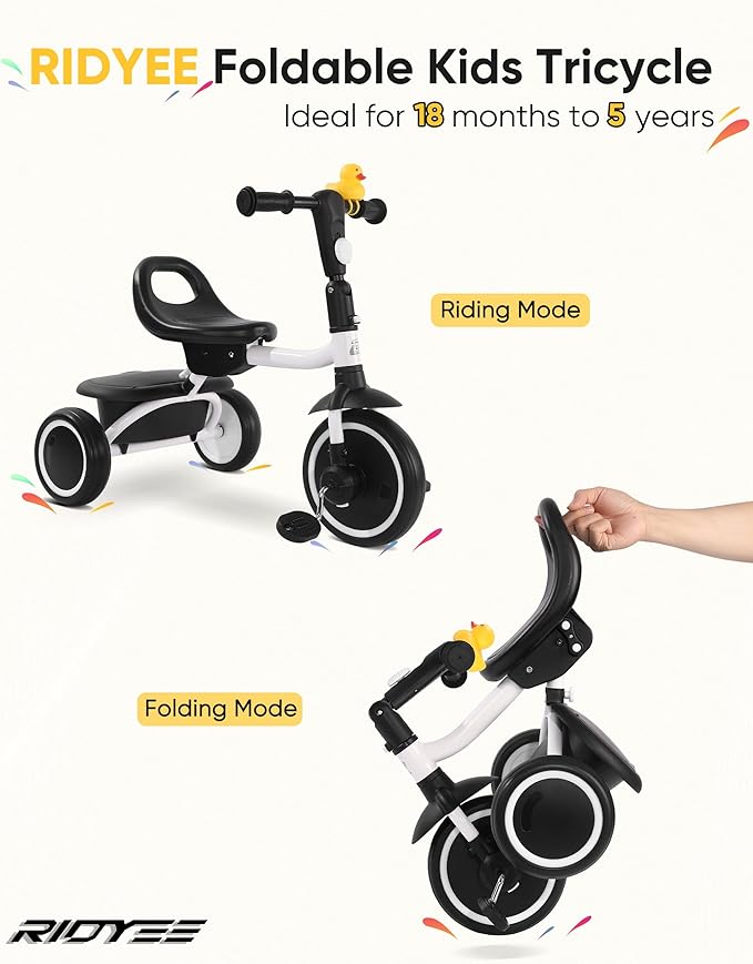 Toddler Tricycle for 18 Months to 5 Years, Foldable Tricycles for 3-5 Year Olds, Kids Tricycle with Adjustable Carry-Friendly Ergonomic Seat and Covered Large Basket, White