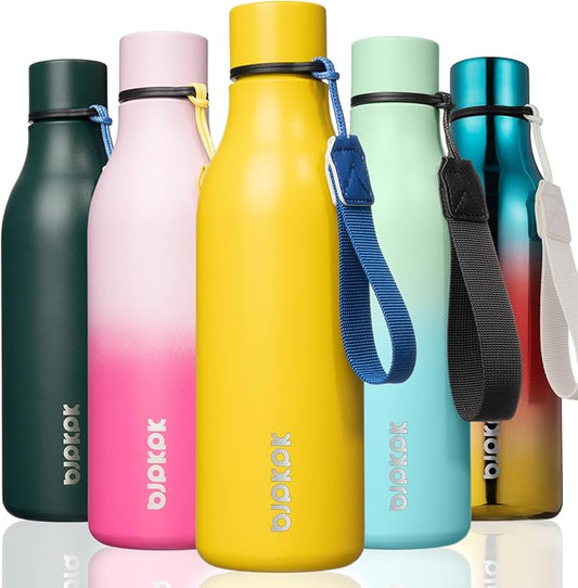 BJPKPK Insulated Water Bottles, 18 oz Stainless Steel Metal Water Bottle with Strap, BPA Free Leak Proof Thermo, Mugs, Flasks, Reusable Water Bottle for Sports & Travel, Yellow