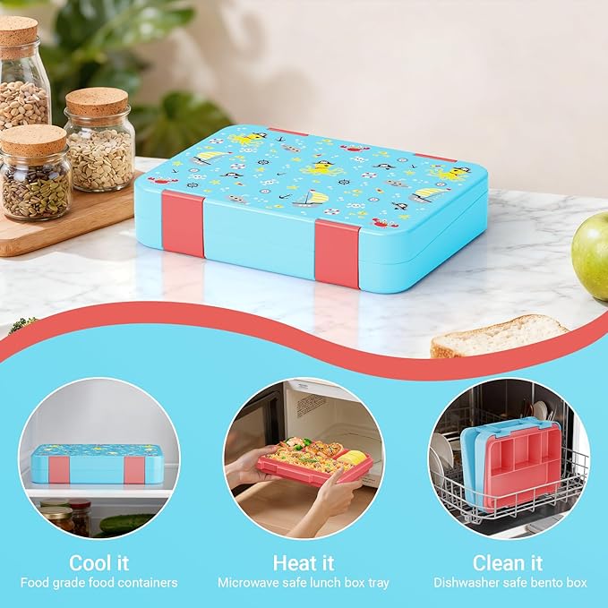 Bento Lunch Box for Kids, 4 Compartments Kids Leak Proof Back to School Bento Lunch Boxes Food Containers for School, Travel, On-the-Go Meal, Food Grade, Microwave, Dishwasher Safe