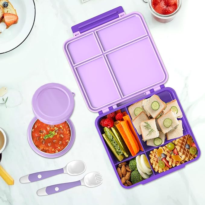 Kids Bento Lunch Box with 8oz Soup Thermo, Kids Leakproof Lunch Food Containers with 4 Compartment,Insulated Hot Food Jar with Lunch Bag for School, Travel (Purple)