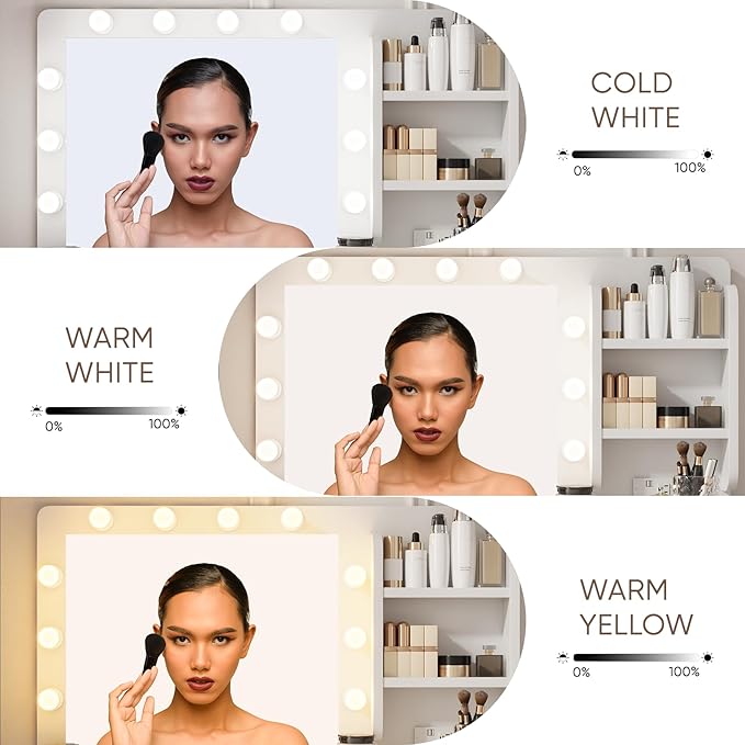 Makeup Vanity Desk with Lights,White Vanity with Lighted Mirror,Vanity Desk with 2 Storage Drawers,Vanity Set with Bench