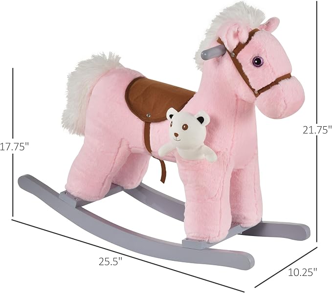 Qaba Kids Plush Ride-On Rocking Horse with Bear Toy, Children Chair with Soft Plush Toy & Fun Realistic Sounds, Pink