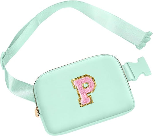 Personalized Belt Bag Crossbody Bag for Women Girls Teen Gifts, Fashion Waist Packs with Adjustable Strap, Trendy Travel Mini Fanny Pack with Initial Letter (Green,P)