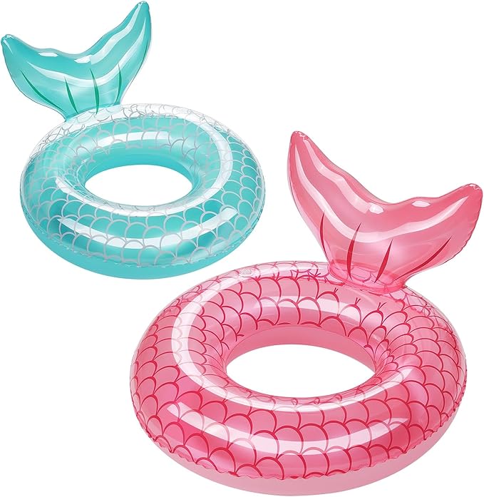 HeySplash Pool Floats Kids, Inflatable Swimming Ring Mermaid Tail Shaped Swim Tube Floaties, Summer Water Fun Beach Party Swimming Pool Toys for Kids Children Water Activities, Rose Gold + Blue