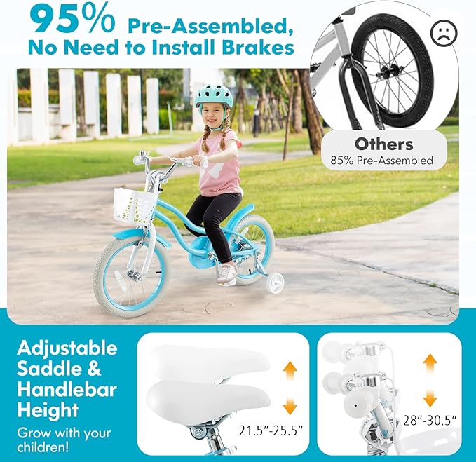 COSTWAY Kids Bike, 12 14 16 18 Inch Toddler Bike Children Bicycle w/Training Wheels, Hand & Coaster Brakes, Adjustable Saddle & Handlebar, Basket, Bell, Kids Bicycle for Girls Boys Aged 3-8 Years Old