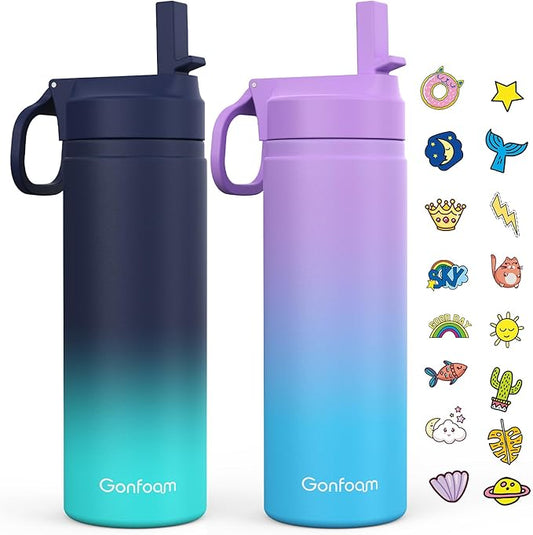 Kids Water Bottle, 2-Pack 20oz Water Bottles with Stickers and Straw, Stainless Steel Vacuum Insulated cup, Kids Water Bottle for School, Gifts for Boys and Girls(Blue/Purple)