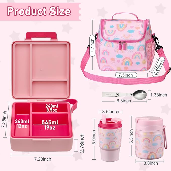 Bento Lunch Box for Kids with 17oz Soup Thermo,Insulated Tumbler Water Bottle and Insulated Lunch Bag,Leak-Proof 3 Compartment Lunch Food Container with Ice Pack for Kids to School-Rainbow