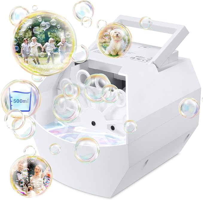 Theefun Bubble Machine: 500ML Automatic Bubble Blower Max 15000 Bubbles per Min for Kids and Toddlers, Battery or USB Operated Portable Bubble Maker for Parties Weddings Birthday White
