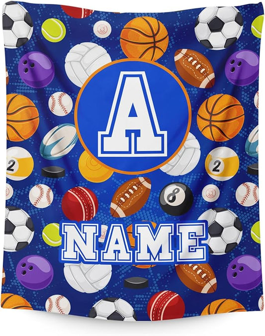 Boys Blanket Custom with Name Sports Blanket Gifts Ideas for Kids 6-8, Personalized Cute Soft Cozy Flannel Monogram Ball Throws for Couch Sofa Bedding Room Home Decor (4 Sizes)