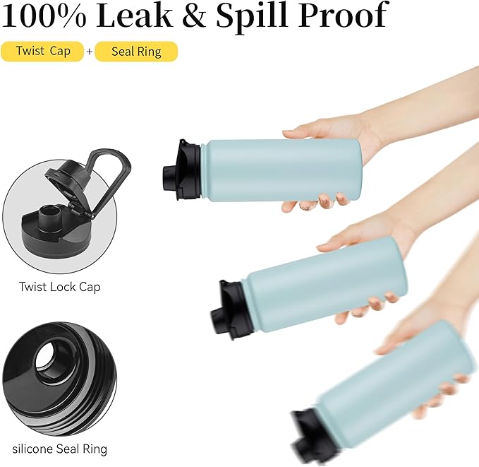 24 oz Insulated Water Bottle with Straw Lid & Wide Mouth Lids, Stainless Steel Sports Water Bottles, Double Walled Vacuum, Leak Proof, Turquoise Blue