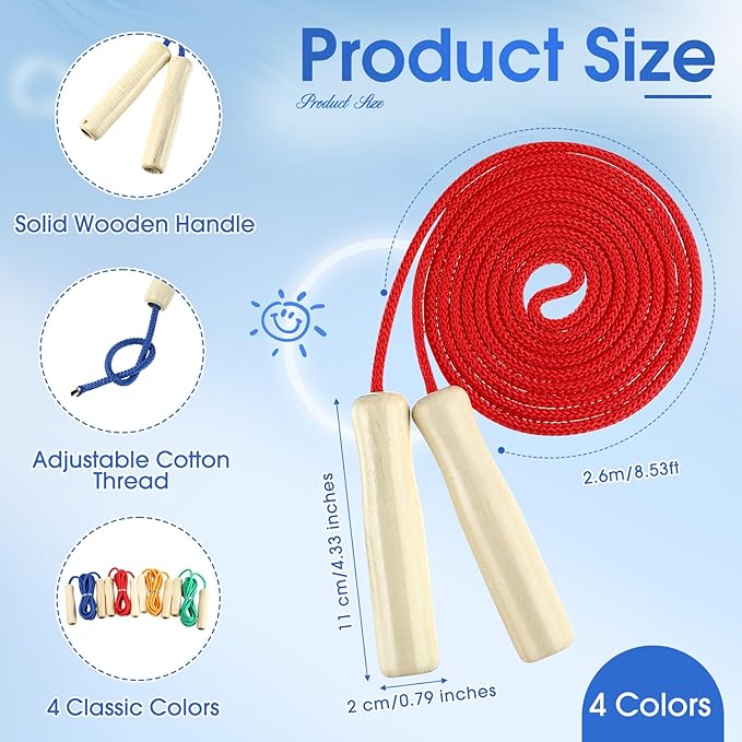 8.53 Ft Jump Ropes for Kids Adults Adjustable Cotton Skipping Rope with Wooden Handle for Multiplayer Double Dutch Jump Rope Exercise Outdoor Fun School Sport Game Gift