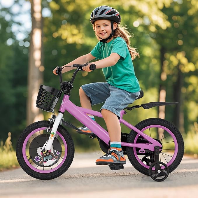 BABY JOY Rabbit Pilot Sporty Kids Bike, 12 14 16 18 Inch Child Bike for 3-8 Years Old with Adjustable Height, Training Wheels, Storage Basket, Handbrake & Coaster Brake, Kids Bicycle for Girls Boys
