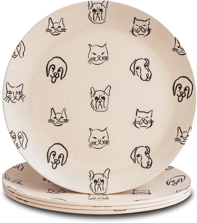 Nook Theory 4 Pack Reusable Bamboo Plates - Non-Toxic Toddler and Kids Plate, Dishwasher Safe, Not Microwavable Dinnerware (Catdog 8")