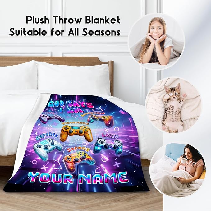 Personalized Gaming Throw for Boys, Soft Plush Fleece Kids Blanket for Living Room, God Says I Am Blanket for Kids, Gamer Room Decor Gift, 60"x80"