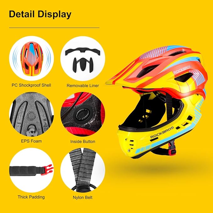ROCKBROS Kids Full Face Helmet Kids Bike Helmets Lightweight Toddler Mountain Bike Helmet Detachable for MTB BMX Skating Cycling Scooter Safety Bicycle Helmets for Youth Child Boys Girls Ages 3-16