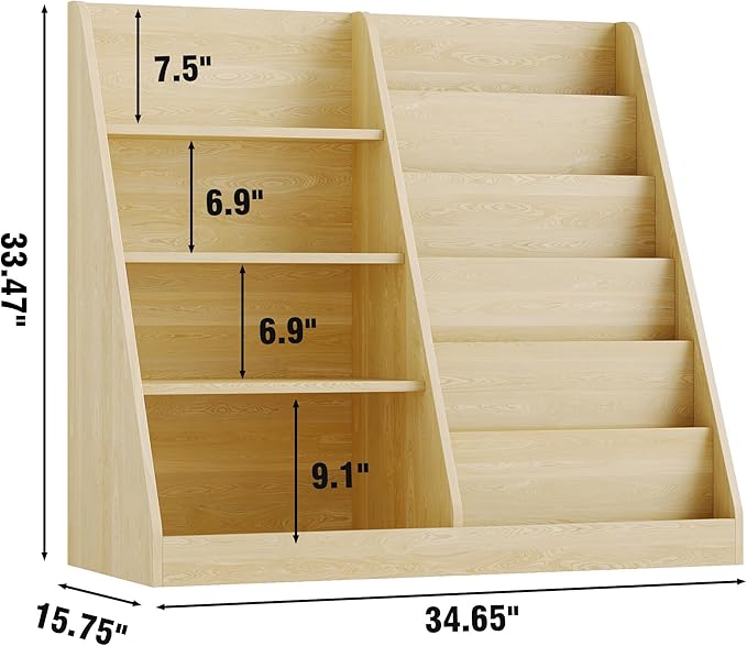 6 Tier Kids Bookshelf and Toy Storage Organizer, Child-Friendly Height & Stable Triangle Design, Toddler Book Shelf for Kids Room, Playroom, Bedroom, Classroom, Nursery, School, Natural