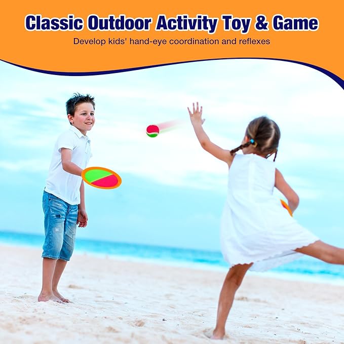 Kids Outdoor Toys - Toss and Catch Game Set, Outside Yard Camping Beach Pool Toys Games for Boys Girls 3 4 5 6 7 8 9 10 Year Old, 4 Paddles 4 Balls (Orange+Orange)