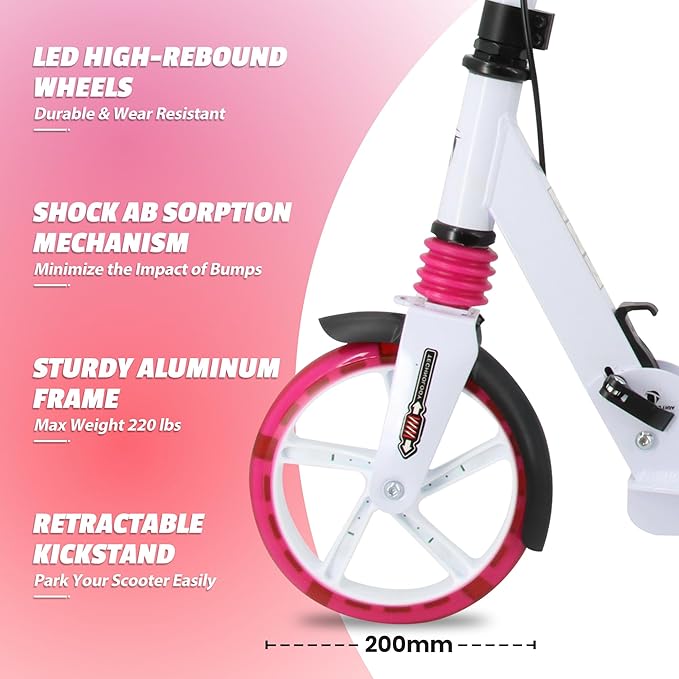 Scooter for Kids Ages 8+ Teens & Adults, Lightweight Kick Scooter with Carry Strap Adjustable Height Equipped with Front handbrake and Rear Brake, Big Sturdy PU Flash Wheels