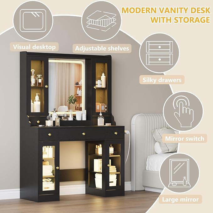 Vanity Desk with Mirror and Lights, Pink Makeup Vanity Table with 3 Modes & Adjustable Brightness, Glass Cabinets, Drawers, Outlet, Modern Dressing Table for Bedroom, Girls, Women, Teens