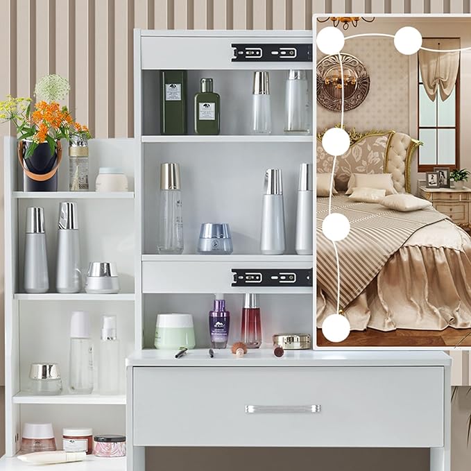 Makeup Vanity Desk with Sliding Mirror and Lights, Small White Vanity Desk with 3-Color Light Adjustable Brightness, 4 Drawers & Open Shelves, Vanity Desk for Bedroom, Girls & Women