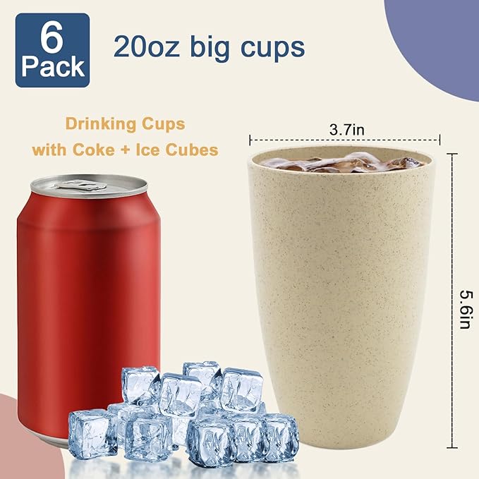 Wheat Straw Cups 20 OZ Large Capacity Set of 6, Unbreakable Drinking Cups Reusable, Alternative to Plastic CupSet, Dishwasher Safe Cups for Kitchen Water Tumblers (Beige)