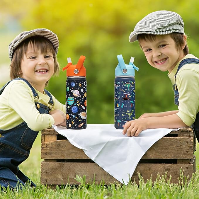 18oz Kids Insulated Water Bottle with Straw Lid - 18/8 Stainless Steel Kid Cup Travel Tumbler Double Wall Vacuum Leak Proof Portable Toddler Water Bottle (Space + Dinosaur)