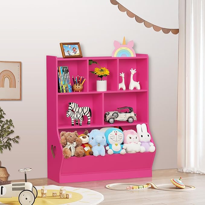 Lerliuo Kids Storage Organizer, 3 Tier Children Bookcase and Bookshelf, Toddler 6 Cubby Cabinet, Wood Book Shelf for Playroom, Bedroom, Living Room, Nursery, School 39.17'' H (Pink)