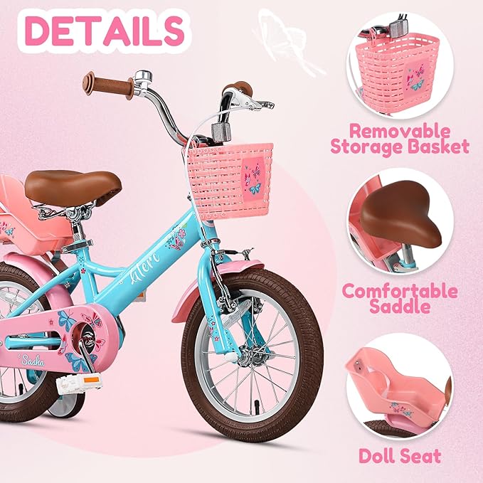Glerc Sasha Girls Bike, 12-20 Inch Kids Bike for Ages 2-13 Years Old Children, Retro Vintage Style Kids Bicycle with Doll Bike Seat, Basket and Training Wheels, Multiple Colors