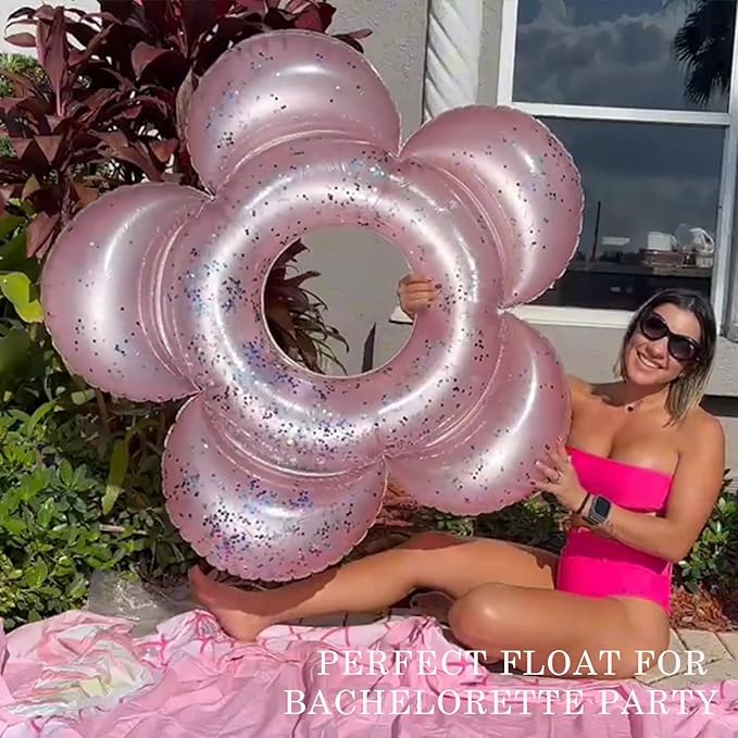 HeySplash Pool Floats for Adults, Large Floats Inflatable Floatie Loungers with Glitter, Swim Tube River Lake Wedding Bride Engagement Party Decor Toy Raft, Flower Bachelorette Fun Decor, Light Pink