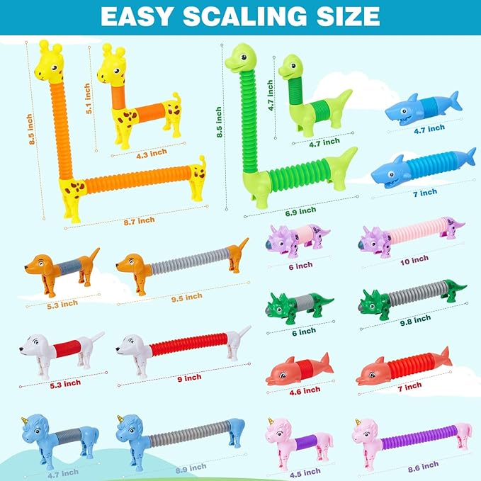 Animal Pop Tubes Fidget Toys 10PCS, Sensory Toys for Autism & Stress Relief, Travel Toys for Car and Airplane, Christmas Stocking Stuffers for Kids & Toddlers