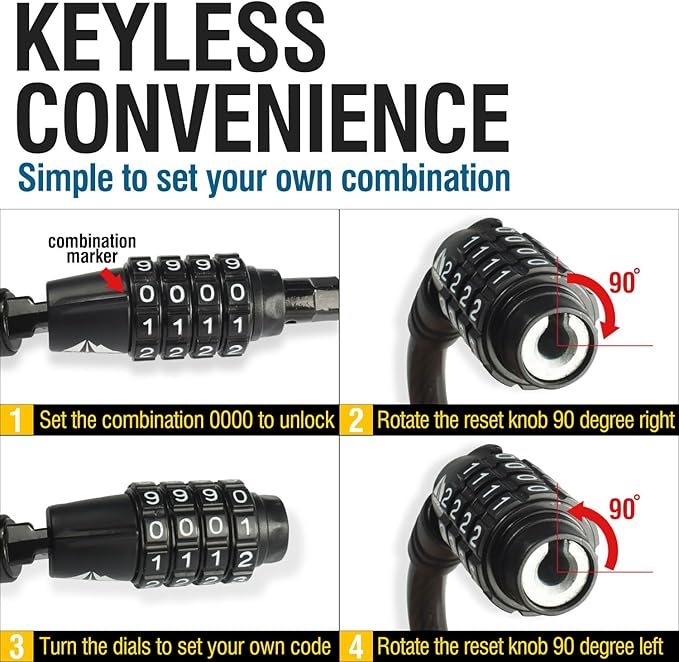 MARQUE Straight Combination Bike Lock Cable - 3/8 inch (5FT, 10FT, 15FT, 25FT) Resettable Combination Lock, Anti-Theft Security Cable for Bicycles, Kayaks, Paddle Boards, Gates&Outdoor Gear (25 FT)