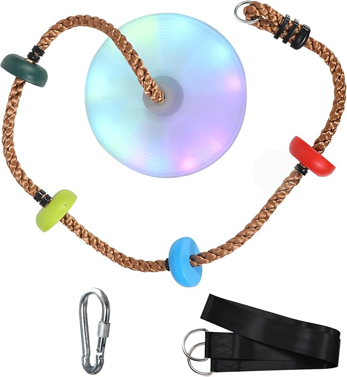 REDCAMP LED Climbing Rope Swings for Trees, Heavy Duty Plastic Disc Swing Seat for Kids and Adults with Hanging Strap and Snap Hooks, Multicolor