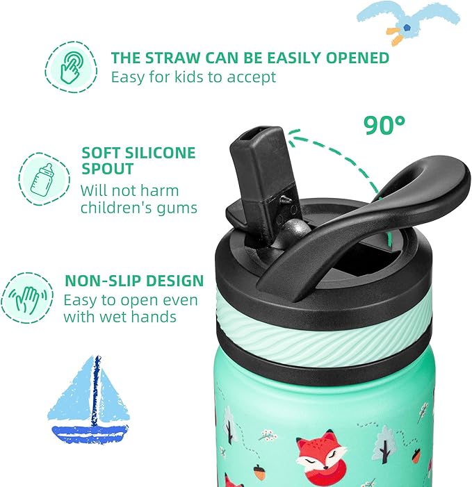 Fanhaw 14 Oz Kids Insulated Water Bottle with Straw - Stainless Steel Double Wall Vacuum Cup, Leakproof, BPA Free, Suitable for Boys and Girls(Green - Little Fox)