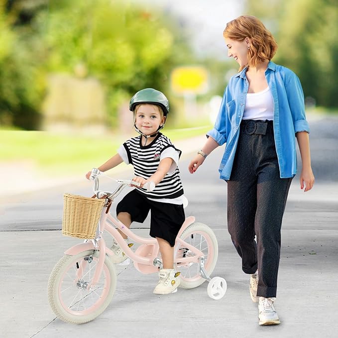 COSTWAY Kids Bike, 14 16 18 Inch Toddler Bike with Training Wheels, Basket, Adjustable Seat & Handlebar, Hand & Coaster Brakes, Bell, for Girl Boy Aged 3-8 Years Old