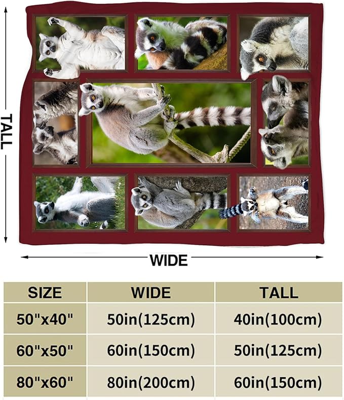 Lemur Blanket Fleece Soft Warm Plush Lemur Blanket Lightweight Plush Fuzzy Cozy Wild Animal Blankets for Lover Kids Adult Suitable for Couch Sofa Bed 50"X40"