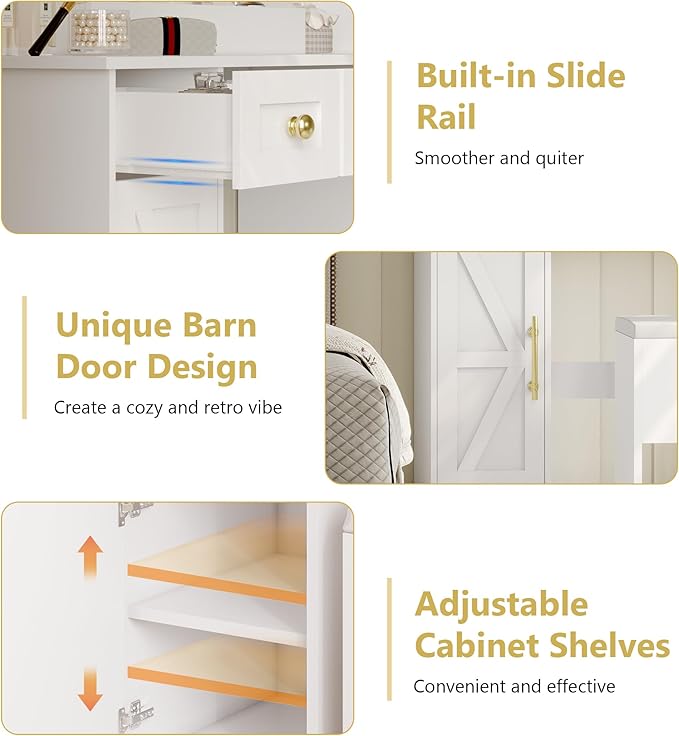 Vanity Makeup Desk with Mirror and Lights, Farmhouse Vanity Table Set with Storage Drawers, Charging Station & Chair, 43" Large Rustic Dressing Table, 3 Lighting Modes for Women Girls Bedroom, White