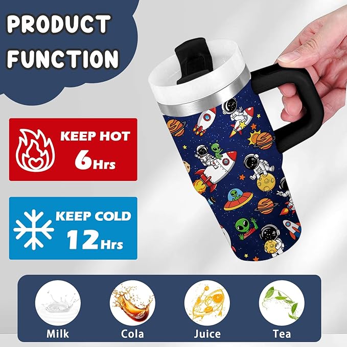 Space Themed Gifts for Boys - 14oz Kids Astronaut Tumbler with Handle and Straw, Stainless Steel Insulated Water Cup, for Sports, School - Space Themed Children's Birthday Gift Cup (1pc)