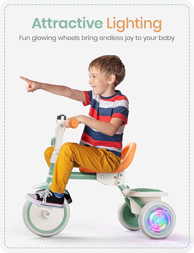 besrey Kids Tricycle with Flash Wheels for Ages 18 Months to 5 Years, Toddler Tricycle with Bell, Kids Tricycle, Gift for 2-5 Year Olds, Gift and Toy for Boys and Girls, Tricycle for Toddlers, Green