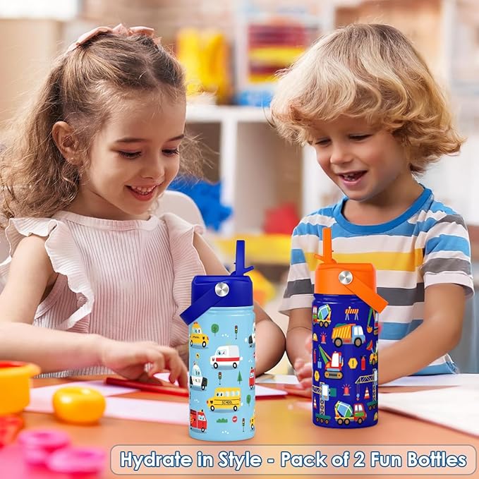 SANDJEST Kids Water Bottle with Straw Lid, Pack of 2 Insulated 12 Oz Stainless Steel Water Bottles for Boys, Travel Cup for School Sports, Construction - Transportation