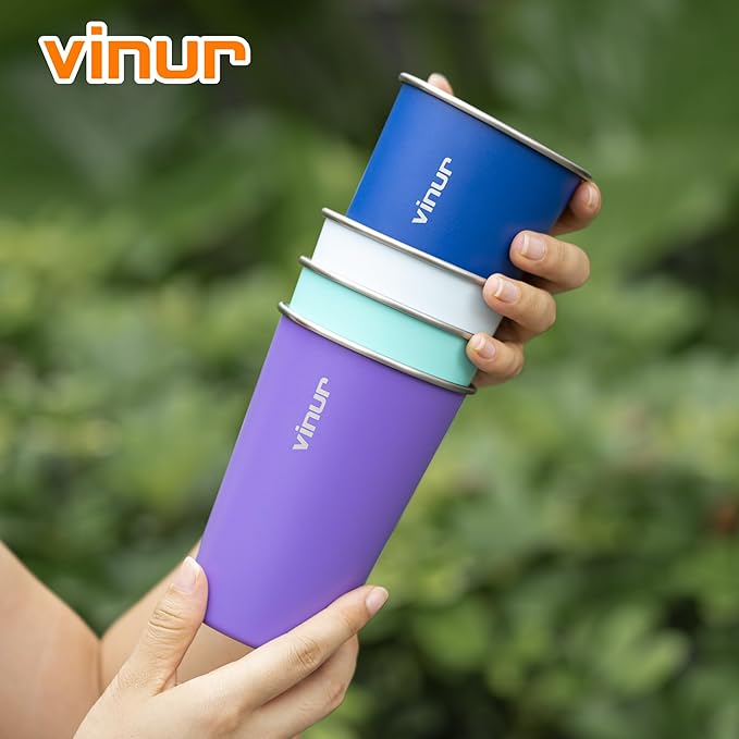 VINUR 4 Pack Stainless Steel Cups 16 oz Pint Tumbler Stackable Metal Drinking Glasses for Travel, Camping, Outdoors (Baby Blue-Navy-Teal-Purple)