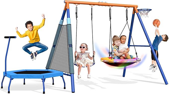5-in-1 Kids Swing Sets for Backyard with Trampoline, 880lbs Heavy-Duty A-Frame Stand Metal Outdoor with 32 inch Saucer & Belt Swing, 55 inch Trampoline, Basketball Hoop, Led Light & Anchors