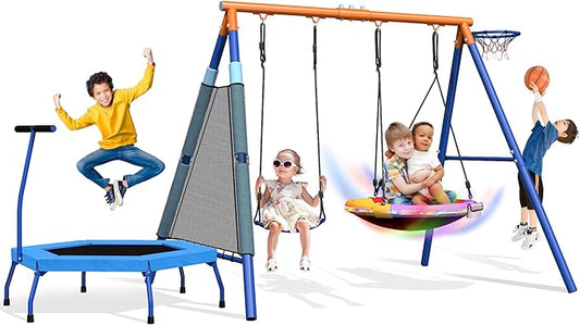 5-in-1 Kids Swing Sets for Backyard with Trampoline, 880lbs Heavy-Duty A-Frame Stand Metal Outdoor with 32 inch Saucer & Belt Swing, 55 inch Trampoline, Basketball Hoop, Led Light & Anchors